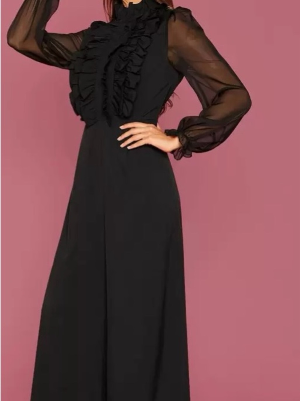 ✨Elegant Black Shear Ruffle Long Sleeves -Wide Leg Jumpsuit✨ - Picture 5 of 5